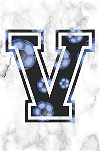 V Journal: A Monogrammed V Initial Capital Letter Notebook For Writing And Notes: Navy Blue White Marble Soccer Ball Sports Football Print
