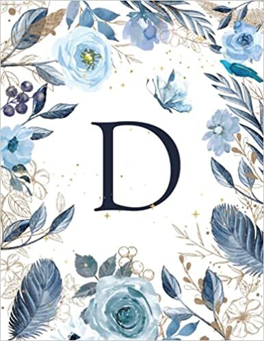 D: Cute Initial D Stationery, Dusty Blue and Navy Floral Desktop Size Notebook for Women (Blue Initial Letter Notebook)