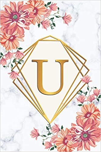 U: Monogram Letter U Wide Ruled Notebook - Personal Initial Wide Lined Blank Journal - Glossy Grey Marble & Gold Pink Floral indir