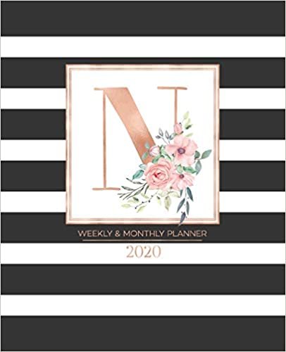indir Weekly &amp; Monthly Planner 2020 N: Black and White Stripes Rose Gold Monogram Letter N with Pink Flowers (7.5 x 9.25 in) Horizontal at a glance Personalized Planner for Women Moms Girls and School