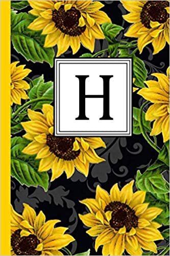 indir H: Floral Letter H Monogram personalized Journal, Black &amp; Yellow Sunflower pattern Monogrammed Notebook, Lined 6x9 inch College Ruled 120 page perfect bound Glossy Soft Cover