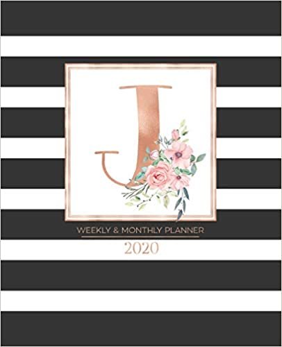 indir Weekly &amp; Monthly Planner 2020 J: Black and White Stripes Rose Gold Monogram Letter J with Pink Flowers (7.5 x 9.25 in) Vertical at a glance Personalized Planner for Women Moms Girls and School