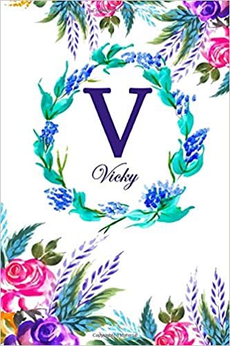 V: Vicky: Vicky Monogrammed Personalised Custom Name Daily Planner / Organiser / To Do List - 6x9 - Letter V Monogram - White Floral Water Colour Theme indir