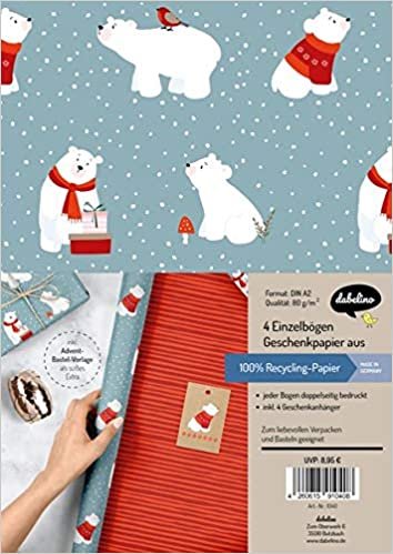 Geschenkpapier Set Weihnachten: Eisbär (für Kinder): 4x doppelseitige Einzelbögen + 4x Geschenkanhänger indir
