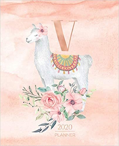 indir 2020 Planner V: Llama Rose Gold Monogram Letter V with Pink Flowers (7.5 x 9.25 in) Horizontal at a glance Personalized Planner for Women Moms Girls and School