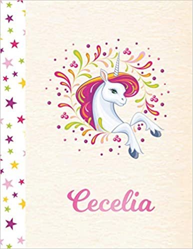 Cecelia: Unicorn Personalized Custom K-2 Primary Handwriting Pink Blank Practice Paper for Girls, 8.5 x 11, Mid-Line Dashed Learn to Write Writing Pages indir