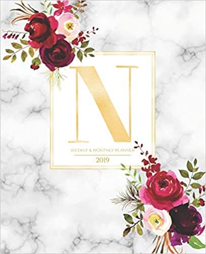 indir Weekly &amp; Monthly Planner 2019: Burgundy Florals &amp; Gold Monogram Letter N Marble with Marsala Flowers (7.5 x 9.25”) Horizontal AT A GLANCE Personalized Planner for Women Moms Girls and School
