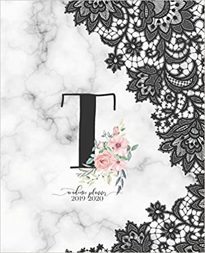 indir Academic Planner 2019-2020: Black Lace Marble D81Rose Gold Monogram Letter T with Pink Flowers Academic Planner July 2019 - June 2020 for Students, Moms and Teachers (School and College)