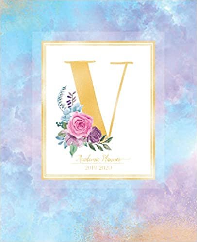 indir Academic Planner 2019-2020: Purple Blue Watercolor Gold Monogram Letter V with Pink Flowers Academic Planner July 2019 - June 2020 for Students, Moms and Teachers (School and College)