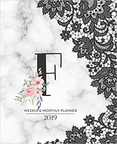 indir Weekly &amp; Monthly Planner 2019: Black Lace Monogram Letter F Marble with Pink Flowers (7.5 x 9.25”) Horizontal AT A GLANCE Personalized Planner for Women Moms Girls and School
