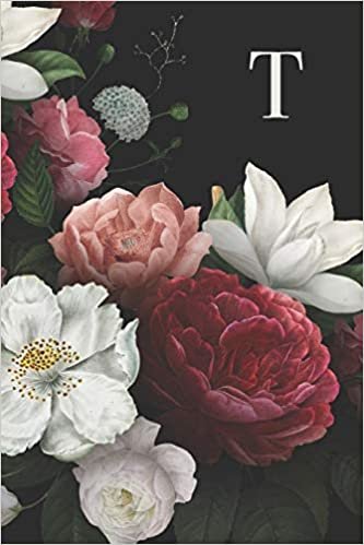 indir T: 110 Sketchbook Pages (6 x 9) | Beautiful Monogram Sketch Notebook with Vintage Roses and Peonies. Personalized Initial Letter | Monogramed Sketchbook