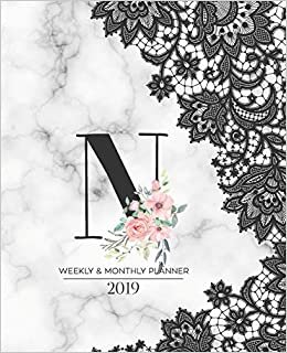 indir Weekly &amp; Monthly Planner 2019: Black Lace Monogram Letter N Marble with Pink Flowers (7.5 x 9.25”) Horizontal AT A GLANCE Personalized Planner for Women Moms Girls and School