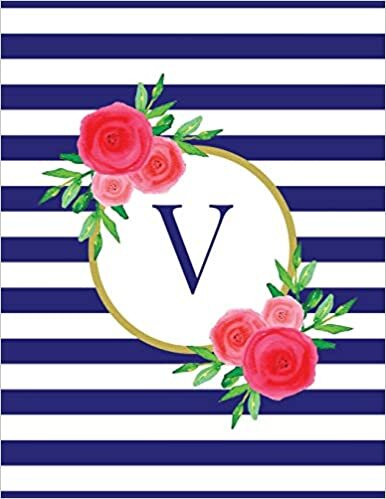 indir Navy and White Striped Coral Floral Monogram Journal with Letter V