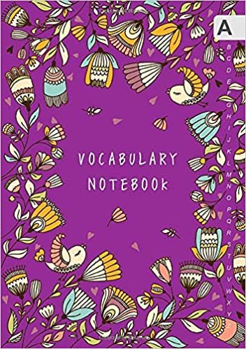Vocabulary Notebook: A5 Notebook 3 Columns Medium | A-Z Alphabetical Sections | Bird Mini Heart Floral Frame Design Purple