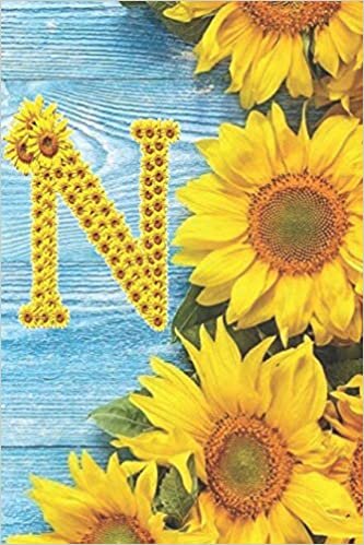 indir N: Sunflower Personalized Initial Letter N Monogram Blank Lined Notebook,Journal and Diary with a Rustic Blue Wood Background
