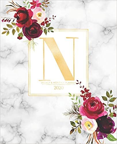 indir Weekly &amp; Monthly Planner 2020 N: Burgundy Marsala Flowers Gold Monogram Letter N (7.5 x 9.25 in) Horizontal at a glance Personalized Planner for Women Moms Girls and School