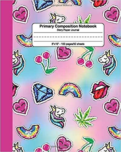 indir Primary Composition Notebook: Cute Girly Handwriting Notebook with Dashed Mid-line and Drawing Space | Grades K-2, 100 Story Pages | Awesome Pixel Unicorn &amp; Diamond Print for Kids
