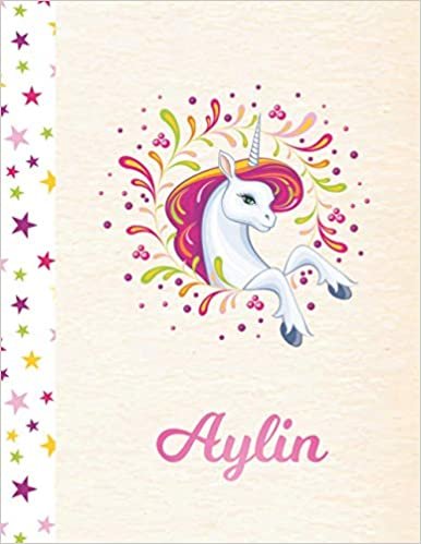 Aylin: Unicorn Personalized Custom K-2 Primary Handwriting Pink Blank Practice Paper for Girls, 8.5 x 11, Mid-Line Dashed Learn to Write Writing Pages indir