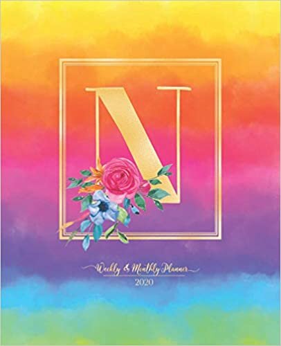 indir Weekly &amp; Monthly Planner 2020 N: Rainbow Colorful Watercolor Monogram Letter N with Flowers (7.5 x 9.25 in) Horizontal at a glance Personalized Planner for Women Moms Girls and School