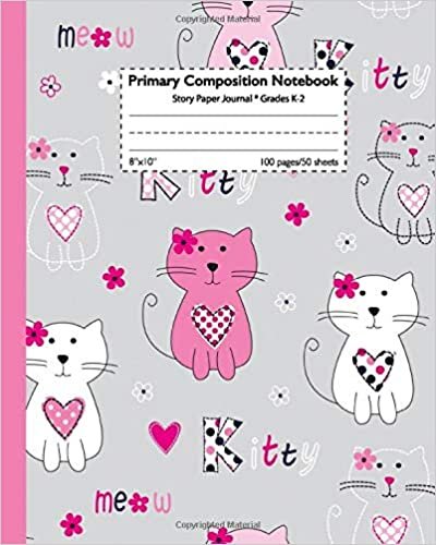 indir Primary Composition Notebook: Pretty Kitty Handwriting Notebook with Dashed Mid-line and Drawing Space | Grades K-2, 100 Story Pages | Cute Doddle Cat Print for Girls