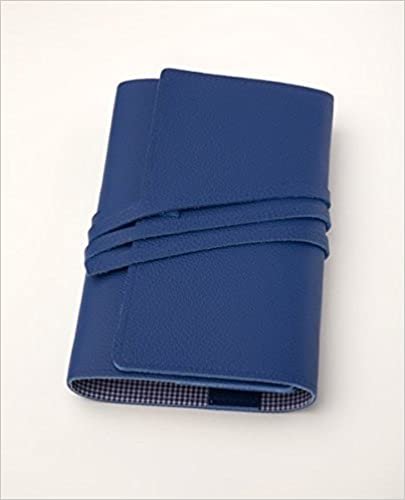 LITERAturtasche M blau | Buchhülle aus Leder: Variable Buchhülle aus genarbtem Leder für Bücher bis 22,5 cm Höhe. Innenfutter blau-vichy indir