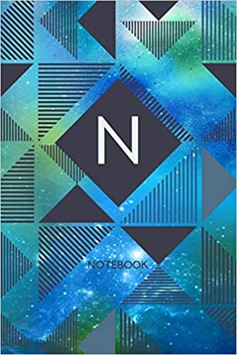 N - Notebook: Monogram Initial N – Personalized Blank Wide Lined Journal Gift with Modern Green & Blue Contemporary Starry Space Paint Splatter with Geometric Design for Men & Women