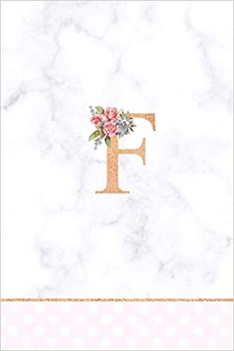indir F: Rose Gold Letter F Monogram Floral Journal, Pink Flowers on White Marble, Personal Name Initial Personalized Journal, 6x9 inch blank lined college ruled notebook diary, perfect bound, Soft Cover