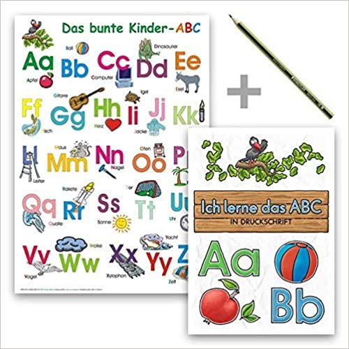 Das bunte Kinder-ABC - Set in Druckschrift: Lernposter DINA 4 laminiert + Schreiblernheft DINA 5 auf 120g/m² Zeichenkarton + Staedler Bleistift indir