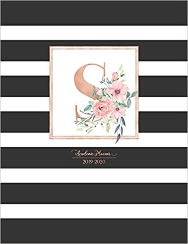 indir Academic Planner 2019-2020: Black and White Stripes Rose Gold Monogram Letter S with Pink Flowers Striped Academic Planner July 2019 - June 2020 for Students, Moms and Teachers (School and College)