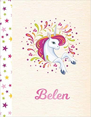 Belen: Unicorn Personalized Custom K-2 Primary Handwriting Pink Blank Practice Paper for Girls, 8.5 x 11, Mid-Line Dashed Learn to Write Writing Pages indir