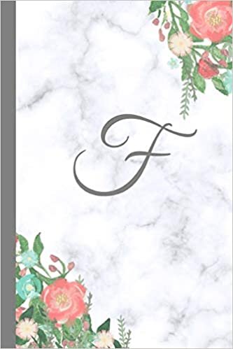 indir F: Letter F Monogram Floral Marble Journal, Pretty Pink Flowers on Elegant White &amp; Grey Marble Notebook Cover, Stylish Gray Personal Name Initial, 6x9 ... ruled diary, perfect bound Glossy Soft Cover