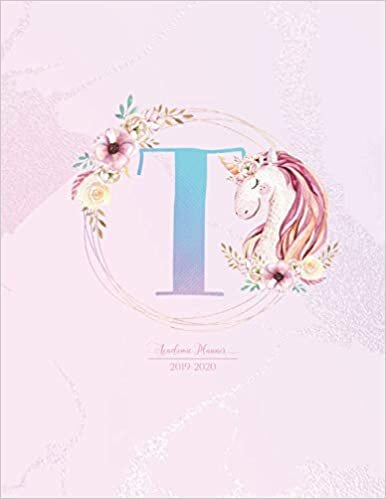 Academic Planner 2019-2020: Unicorn Pink Purple Gradient Monogram Letter T with Flowers Cute Academic Planner July 2019 - June 2020 for Students, Girls and Teens (School and College) indir