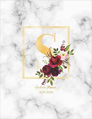 indir Academic Planner 2019-2020: Burgundy Flowers with Gold Monogram Letter S over Marble Academic Planner July 2019 - June 2020 for Students, Moms and Teachers (School and College)