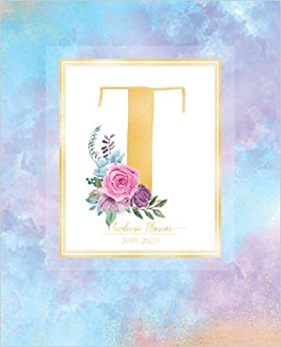 indir Academic Planner 2019-2020: Purple Blue Watercolor Gold Monogram Letter T with Pink Flowers Academic Planner July 2019 - June 2020 for Students, Moms and Teachers (School and College)