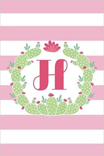 indir H (6x9 Journal): Lined Writing Notebook with Monogram, 120 Pages – Pink Stripes with Green Boho Cactus Frame