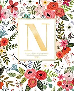 indir Weekly &amp; Monthly Planner 2019: White Florals with Red and Colorful Flowers and Gold Monogram Letter N (7.5 x 9.25”) Vertical AT A GLANCE Personalized Planner for Women Moms Girls and School