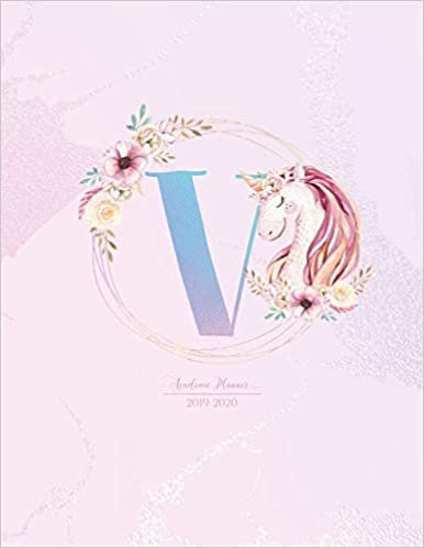 indir Academic Planner 2019-2020: Unicorn Pink Purple Gradient Monogram Letter V with Flowers Cute Academic Planner July 2019 - June 2020 for Students, Girls and Teens (School and College)