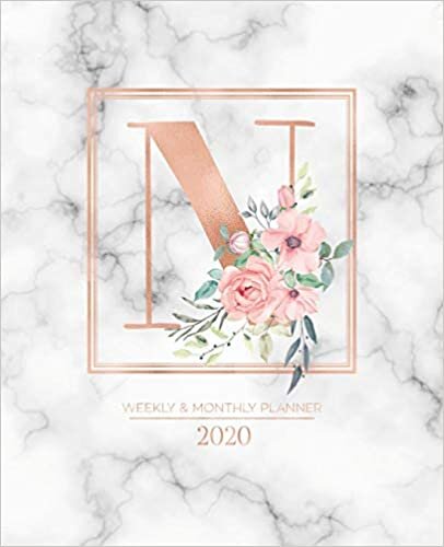 indir Weekly &amp; Monthly Planner 2020 N: Rose Gold Marble Monogram Letter N with Pink Flowers (7.5 x 9.25 in) Horizontal at a glance Personalized Planner for Women Moms Girls and School