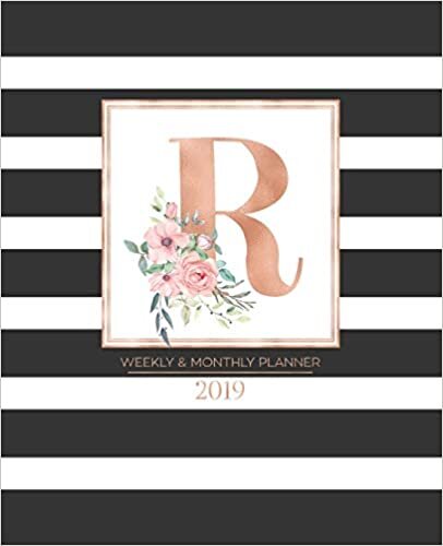 Weekly & Monthly Planner 2019: Black and White Stripes with Rose Gold Monogram Letter R and Pink Flowers (7.5 x 9.25”) Horizontal Striped AT A GLANCE Personalized Planner for Women Moms Girls indir