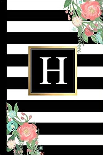 indir H: Black and white Stripes &amp; Flowers, Floral Personal Letter H Monogram, Customized Initial Journal, Monogrammed Notebook, Lined 6x9 inch College Ruled, perfect bound, Glossy Soft Cover Diary