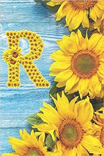 indir R: Sunflower Personalized Initial Letter R Monogram Blank Lined Notebook,Journal and Diary with a Rustic Blue Wood Background