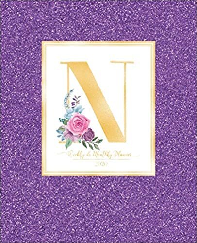 indir Weekly &amp; Monthly Planner 2020 N: Purple Faux Glitter Gold Monogram Letter N with Pink Flowers (7.5 x 9.25 in) Vertical at a glance Personalized Planner for Women Moms Girls and School