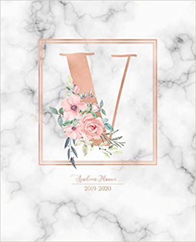 indir Academic Planner 2019-2020: Rose Gold Monogram Letter V with Pink Flowers over Marble Academic Planner July 2019 - June 2020 for Students, Moms and Teachers (School and College)