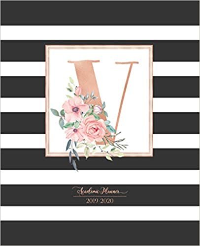 indir Academic Planner 2019-2020: Black and White Stripes Rose Gold Monogram Letter V with Pink Flowers Striped Academic Planner July 2019 - June 2020 for Students, Moms and Teachers (School and College)