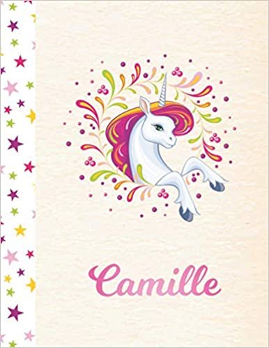 Camille: Unicorn Personalized Custom K-2 Primary Handwriting Pink Blank Practice Paper for Girls, 8.5 x 11, Mid-Line Dashed Learn to Write Writing Pages indir