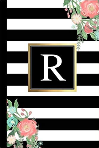 indir R: Black and white Stripes &amp; Flowers, Floral Personal Letter R Monogram, Customized Initial Journal, Monogrammed Notebook, Lined 6x9 inch College Ruled, perfect bound, Glossy Soft Cover Diary