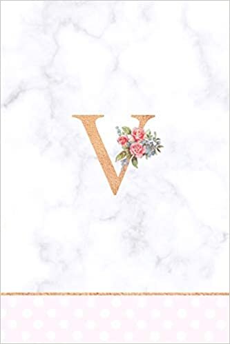 V: Rose Gold Letter V Monogram Floral Journal, Pink Flowers on White Marble, Personal Name Initial Personalized Journal, 6x9 inch blank lined college ruled notebook diary, perfect bound, Soft Cover indir