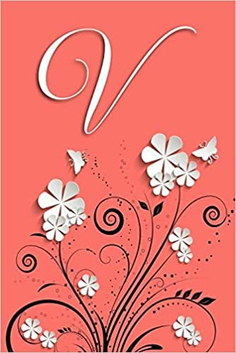 V: Letter V Journal, Flowers and Butterflies on Coral, Personalized Notebook Monogram Initial, 6 x 9 indir