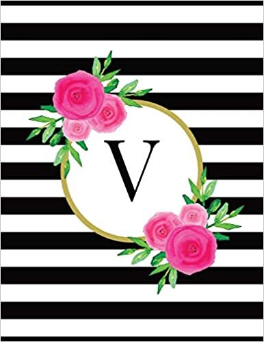 indir Black and White Striped Pink Floral Monogram Journal with Letter V