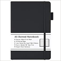 Dotted Journal A5, sert kapaklı noktalı not defteri, birinci sınıf 100 g/m2 kalın kağıt, iç cep, elastik bantlı, suni deri kılıf, 192 sayfa, 14,7 x 21,3 cm (siyah)